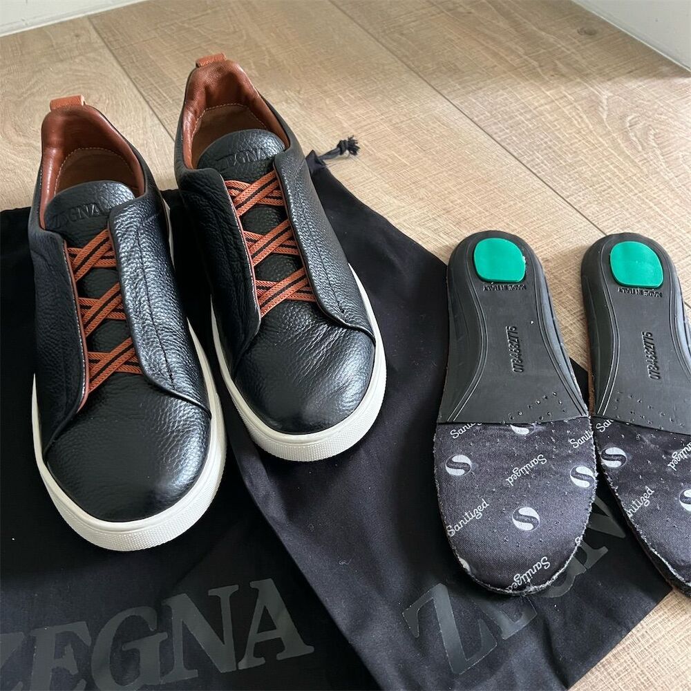 Zegna Men's Black Deerskin Triple Stitch Slip-On Sneakers Size 8